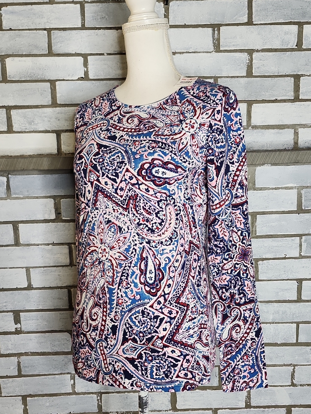 • Talbots Women's Long Sleeve Paisley Print Cotton Blend T-Shirt XS Multicolor